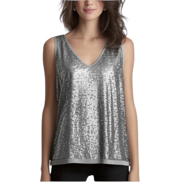 Talbots Silver Grey Sequin Sleeveless Shell Tank Top Blouse Plus Size 16 V Neck - Picture 1 of 13